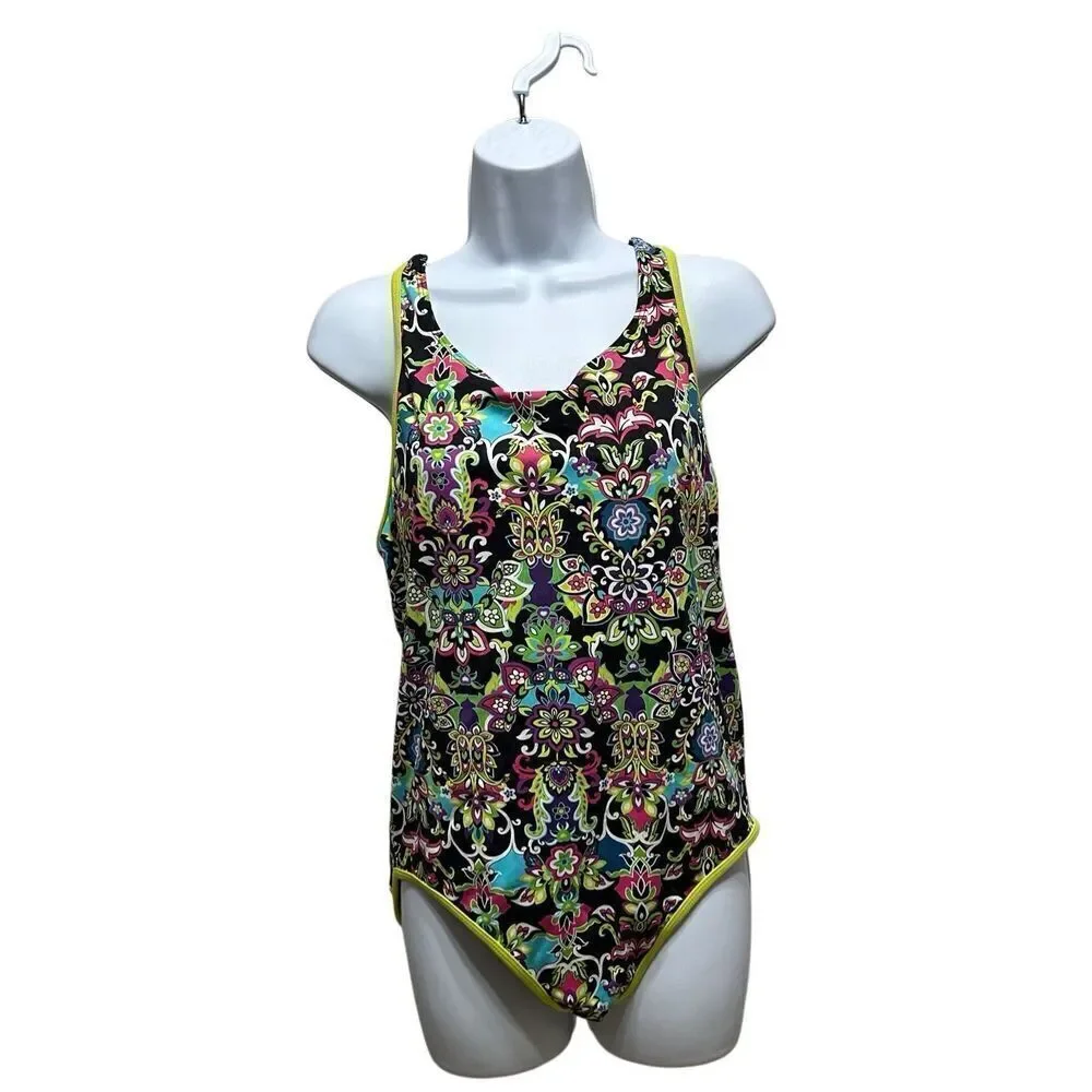 Athleta One Piece Swimsuit Size 12 Black Multicolor Floral Paisley Athletic Swim